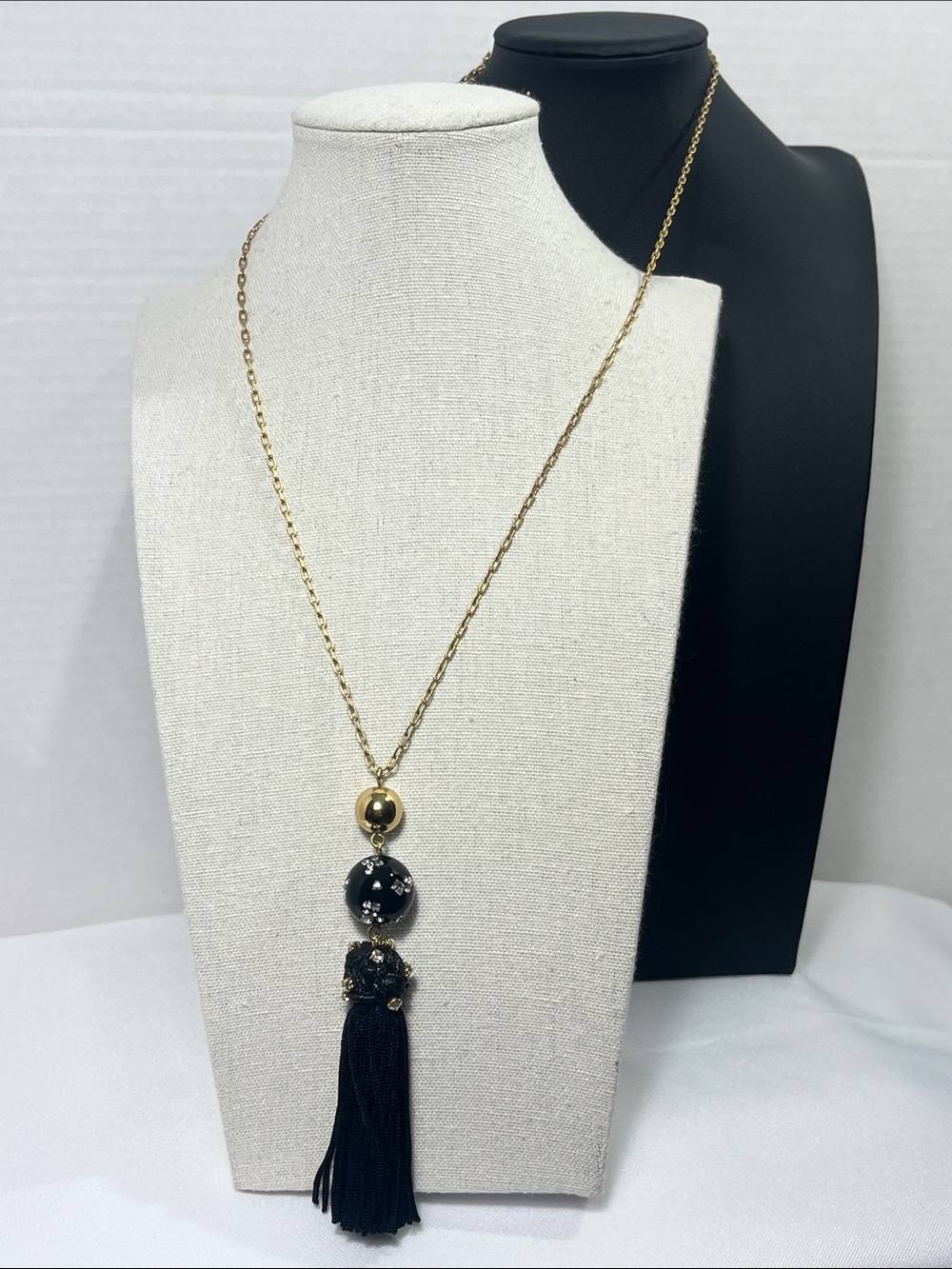J.Crew Beaded Rhinestone Pendant Thread Tassel Necklace (Black / Gold Tone)